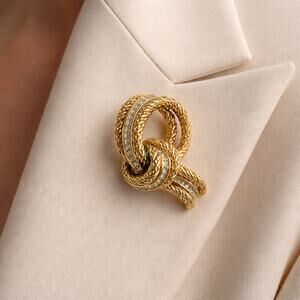 Christian Dior Vintage Rope Knot Brooch Gold Rhinestone Signed Chr Dior